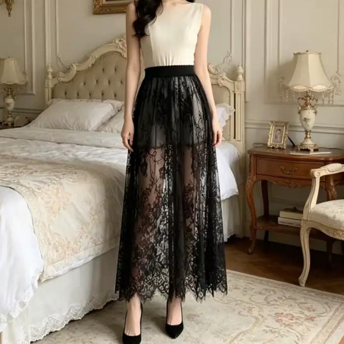 Y2K – jupe Maxi en dentelle noire pour femmes