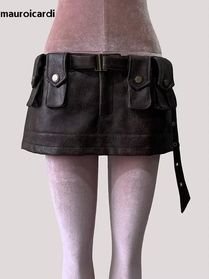 Mini jupe en cuir Pu marron pour femmes