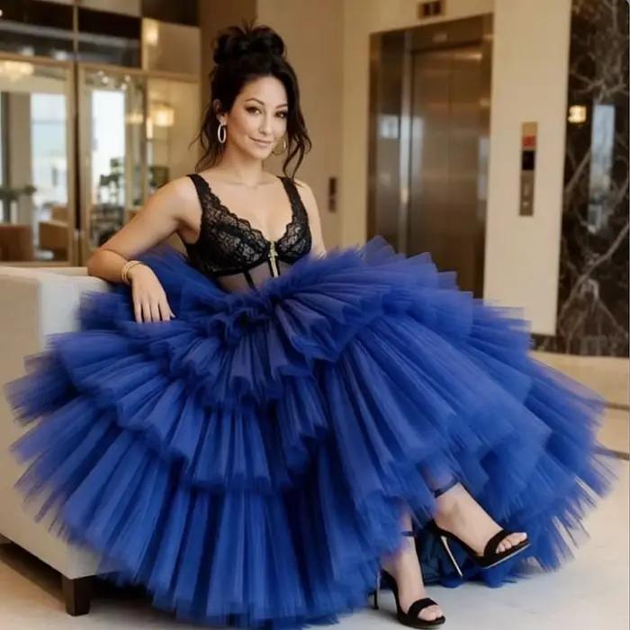 Jupe en Tulle superposée bleu marine Extra gonflée à plusieurs niveaux mi-mollet