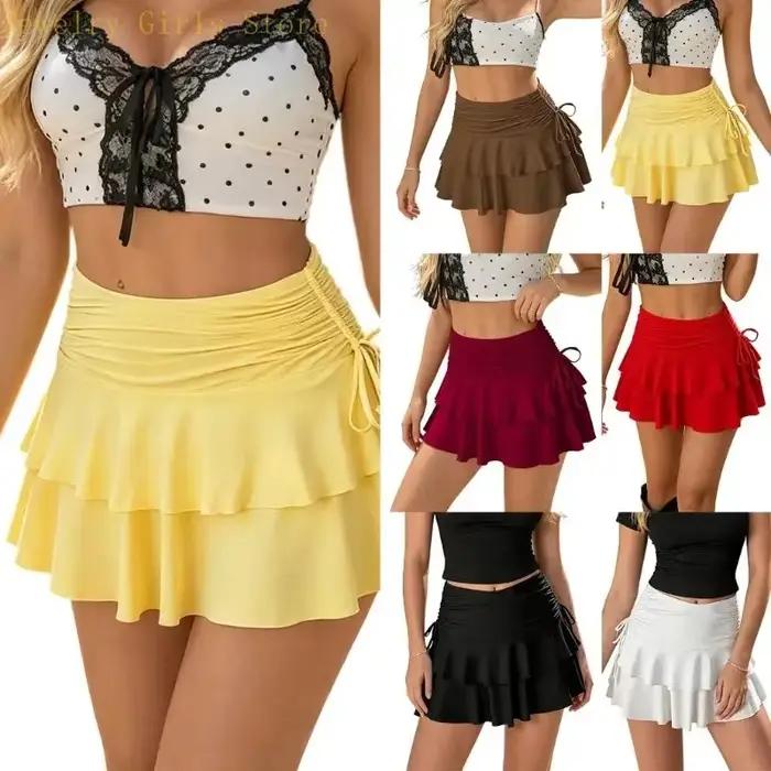 Jupes à volants avec short pour femmes, couches à plusieurs niveaux, taille élastique, cordon serrage, nœud papillon latéral,