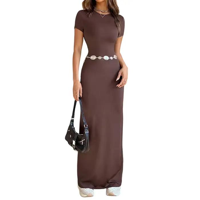 Robe T-shirt longue ajustée élastique pour femmes, décontractée, solide couleur, ajustée mince, col rond, manches courtes, adapté aux vacances et événements festifs