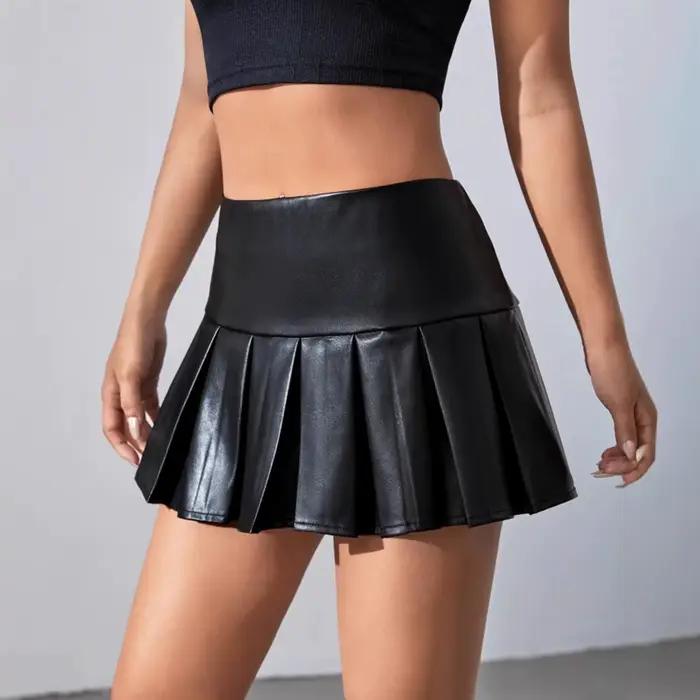 Jupe plissée Sexy en cuir Pu pour femmes