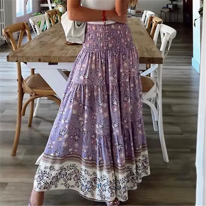 Jupe ample fleurie style bohème pour femmes, polyester extensible, longueur cheville, décontracté toute saison, multicolore