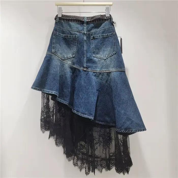 Jupe en jean pour femmes coupe trapèze taille haute avec volants et dentelle pour le travail style Y2K et streetwear occassions spéciales
