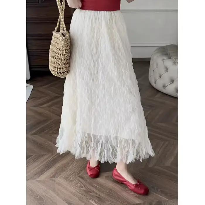 Jupe plissée mi-longue en dentelle pour femme