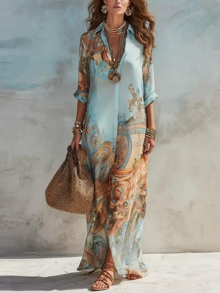 Robe chemise élégante pour femme en mousseline de soie à imprimé numérique, col rabattu, simple boutonnage, fluide, décontractée, style bohème, vêtement d'été
