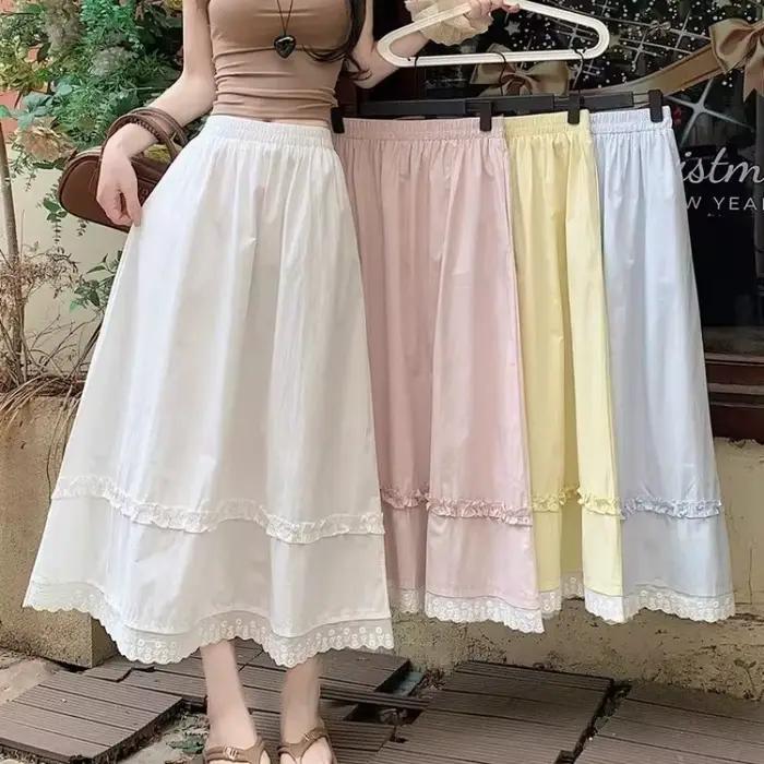 Jupe longue taille haute style coréen pour femme été 2026 jaune avec dentelle douce coupe parapluie élastique large pour toutes les occasions élégante à offrir