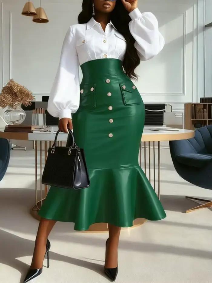 UOOZEE femmes Faux cuir taille haute jupe Midi boutons dorés évasé sirène ourlet formel bureau Cocktail jupes moulantes 2026