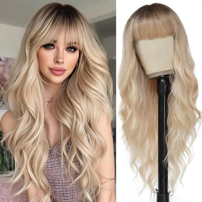 Perruque blonde ombrée avec frange, perruque longue ondulée, blonde platine, pour femmes avec racines foncées, perruques synthétiques naturelles, cheveux bouclés