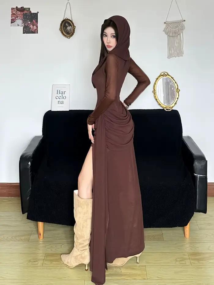 Robe longue à capuche pour femmes, vêtement grunge, couleur brun, style streetwear, silhouette asymétrique, haut de qualité, pour soirées et concerts