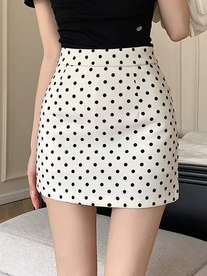 Mini-jupe midi taille haute à pois ronds pour femmes