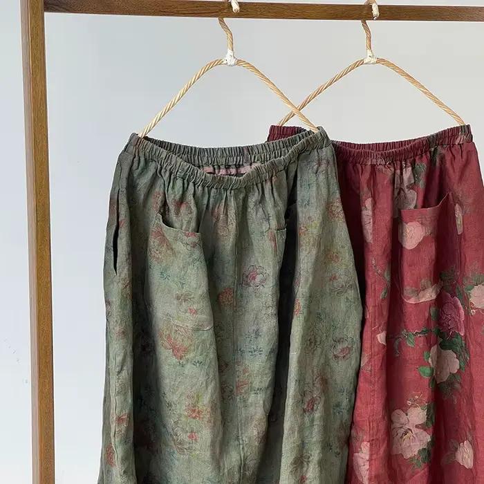 Femmes coton lin jupe décontractée nouveau 2025 printemps Style Vintage imprimé fleuri ample confortable femme a-ligne jupes longues M980