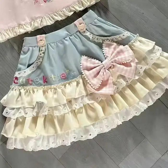 Ensemble jupe et t shirt style lolita kawaii japonais pour femme avec noeud et imprimé chat mini jupes mignonnes effet gâteau y2k harajuku occassions estivales et événements spéciaux