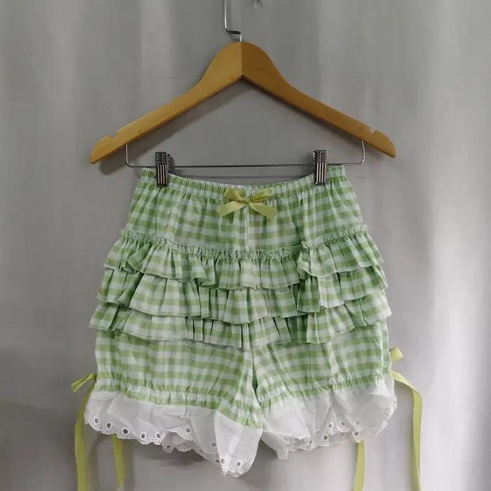 Jupe et Short à Carreaux Verts Femme Style Kawaii Polyvalent Occasions Estivales Japonais Mince Taille Élastique