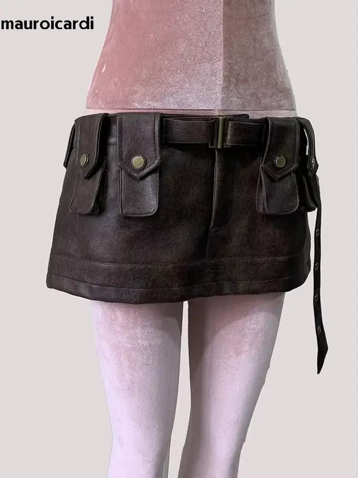Mini jupe en cuir Pu marron pour femmes