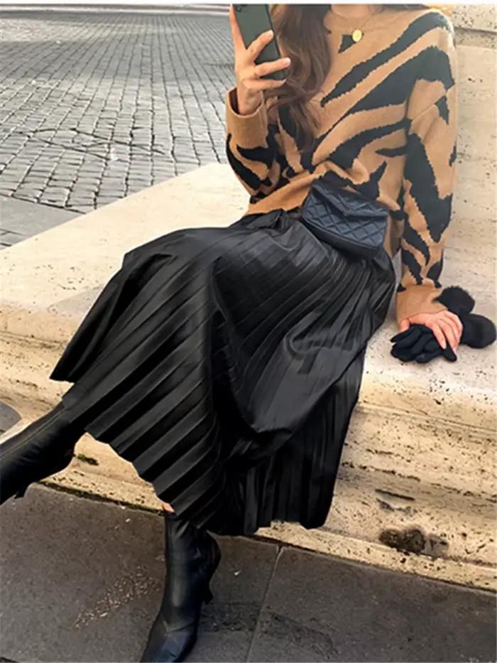 Jupe plissée en cuir PU noir pour femmes