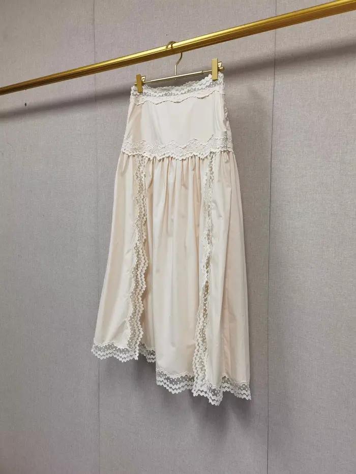 Jupe mi-longue évasée à taille haute femme décontractée en coton avec bordure en dentelle pour printemps été occasions estivales