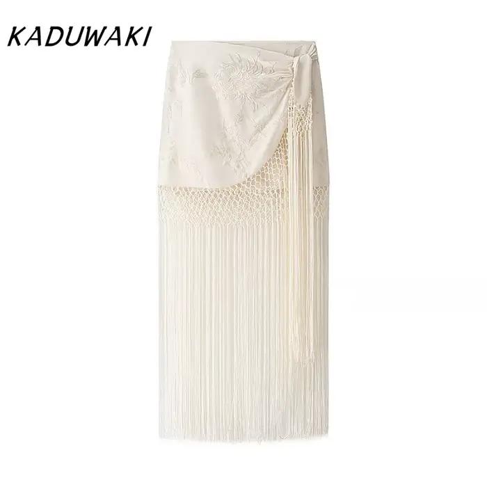 Jupe Kaduwaki Boho chic en polyester et viscose, longueur cheville, détails en dentelle, pour femmes, festivals de musique, sorties estivales et occasions spéciales ```