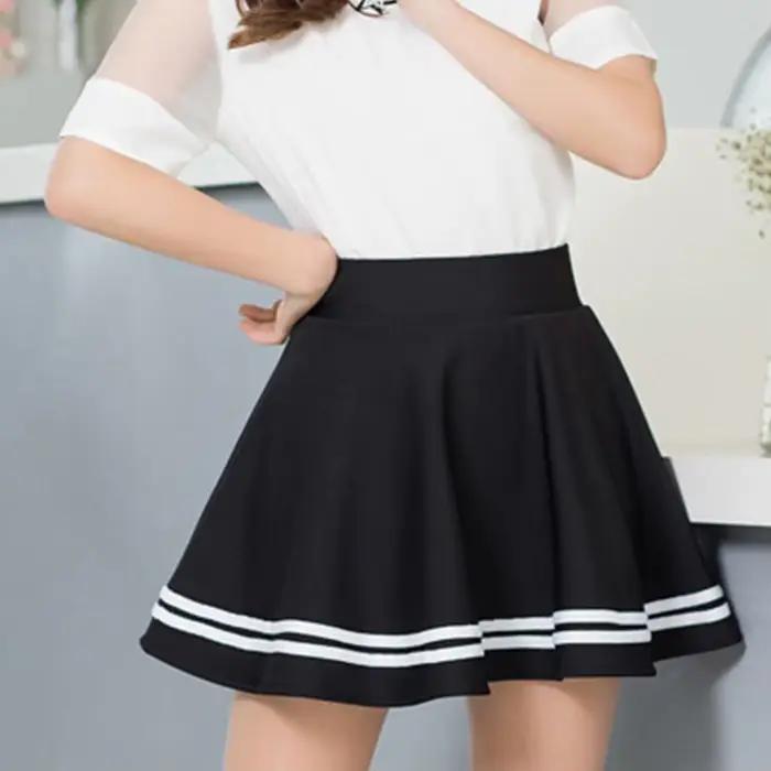 Jupe plissée mi-longue unie sexy taille haute à rayures pour femme