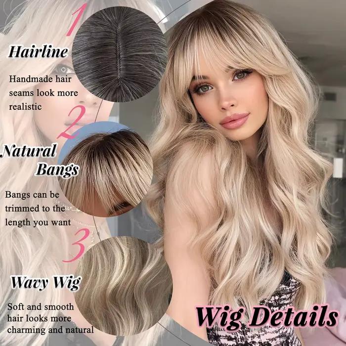 Perruque blonde ombrée avec frange, perruque longue ondulée, blonde platine, pour femmes avec racines foncées, perruques synthétiques naturelles, cheveux bouclés