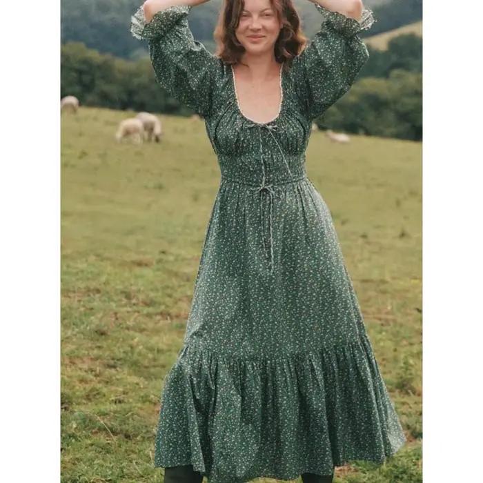 Robe longue à manches bouffantes et col rond
