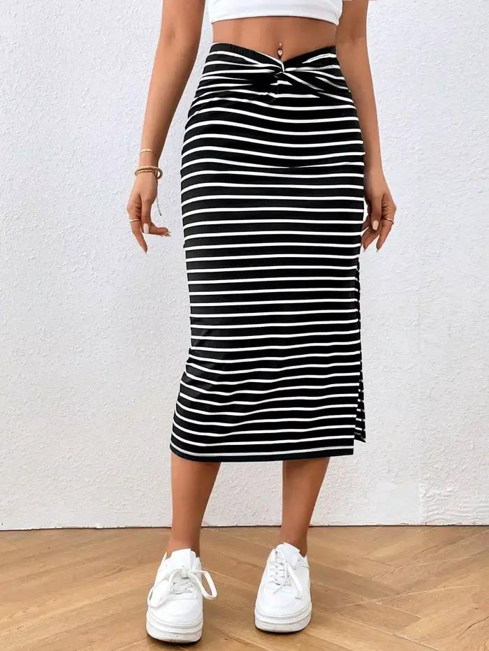 Jupe midi fendue à taille nouée rayée pour femme