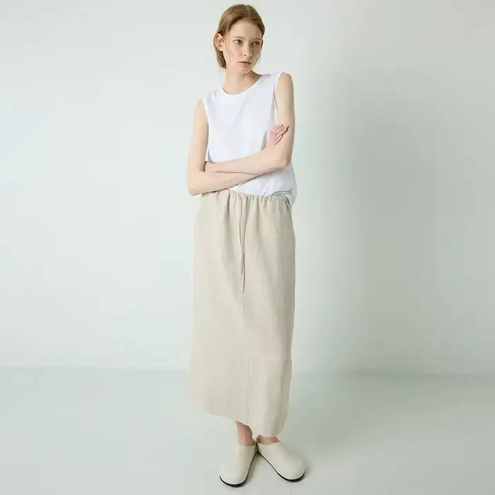 100% lin femmes cordon jupe droite printemps/été nouveauté taille élastique Simple décontracté ample femme dos fendu jupes