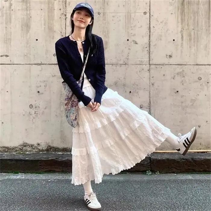 Printemps automne dentelle volants a-ligne jupes longues pour les femmes élégantes