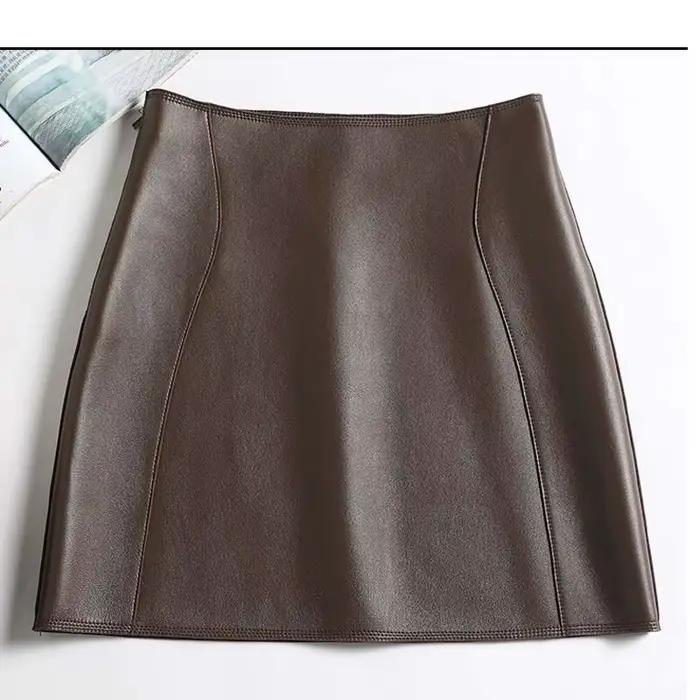 Mini jupe Sexy en cuir véritable pour femmes