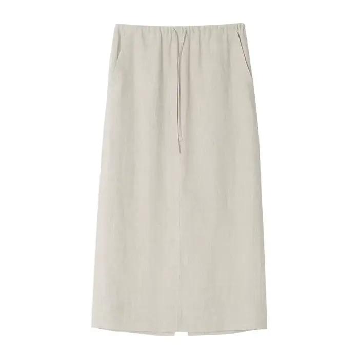 100% lin jupes droites en vrac femmes été taille haute élastique Simple décontracté fendu moitié ample mode Streetwear jupe blanche