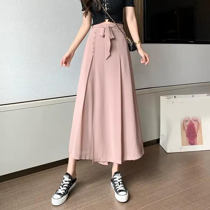 Jupe plissée en mousseline de soie pour femmes, taille haute, décontractée, jambes larges, mode streetwear, été, pantalon longueur cheville, confortable et respirante
