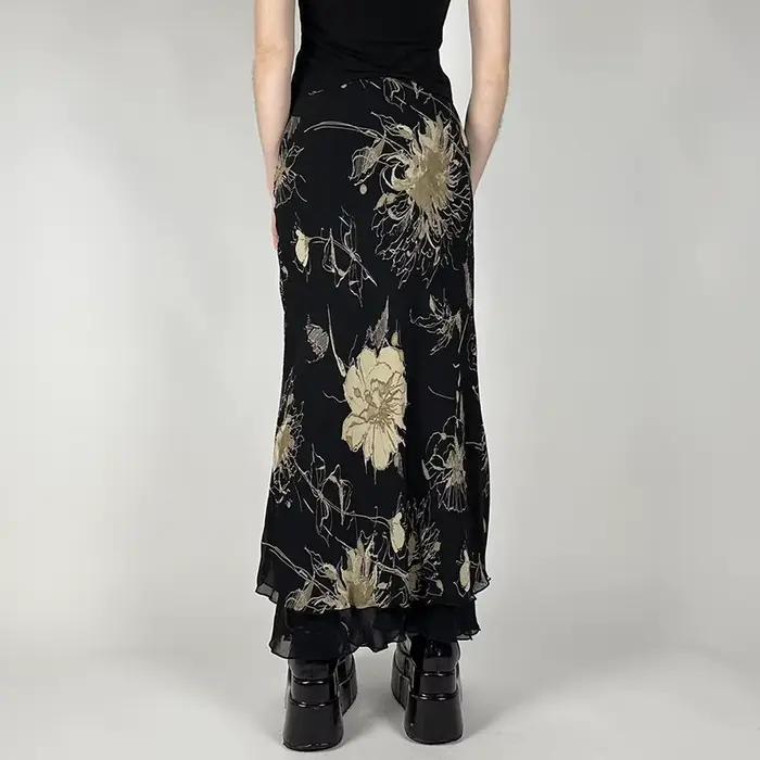 Jupe longue en maille double couche avec motif floral pour style gothique Y2K femmes été cheville tricot ajustée silhouette trompette sirène