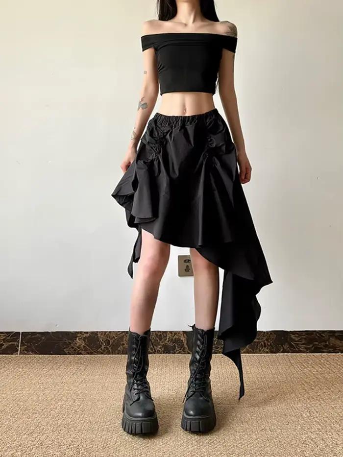 [EAM] taille haute élastique noir conception irrégulière volants Mini demi-corps jupe femmes mode marée nouveau printemps automne 2026 1DJ0530