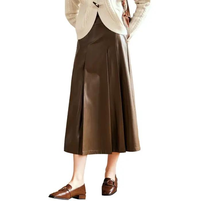 Jupe longue plissée OLrain en cuir synthétique pour femmes, style rétro chic, coupe trapèze décontractée, élégance intemporelle, idéale pour vos journées printanières et automnales