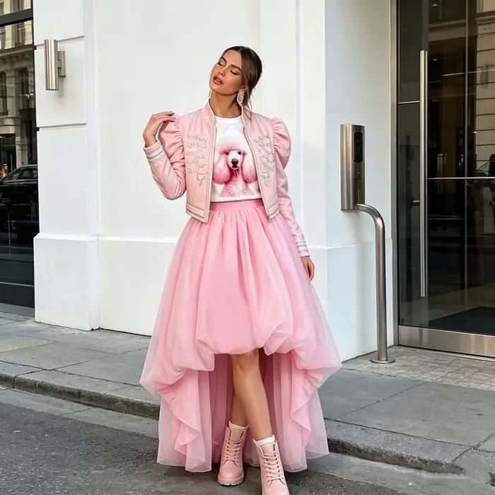 Jupe longue asymétrique rose pâle en tulle multicouche