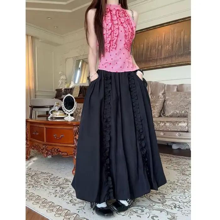 Jupe longue gothique à volants noire Vintage pour femmes