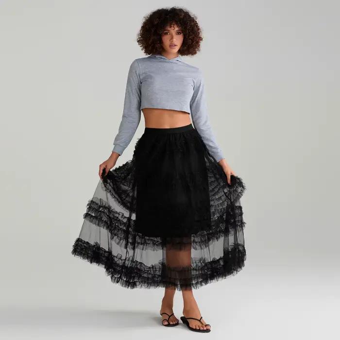 Jupe trapèze haute en tulle pour femme, maille légère et extensible, volants multilignes, été et printemps, élégance et confort