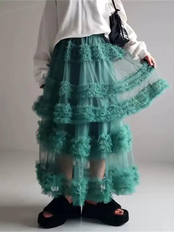 Jupe trapèze haute en tulle pour femme, maille légère et extensible, volants multilignes, été et printemps, élégance et confort