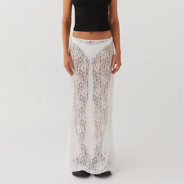 Jupe en dentelle polyester pour femmes, style Y2K, coupe régulière, longueur cheville, élégante, soirée sur la plage, été