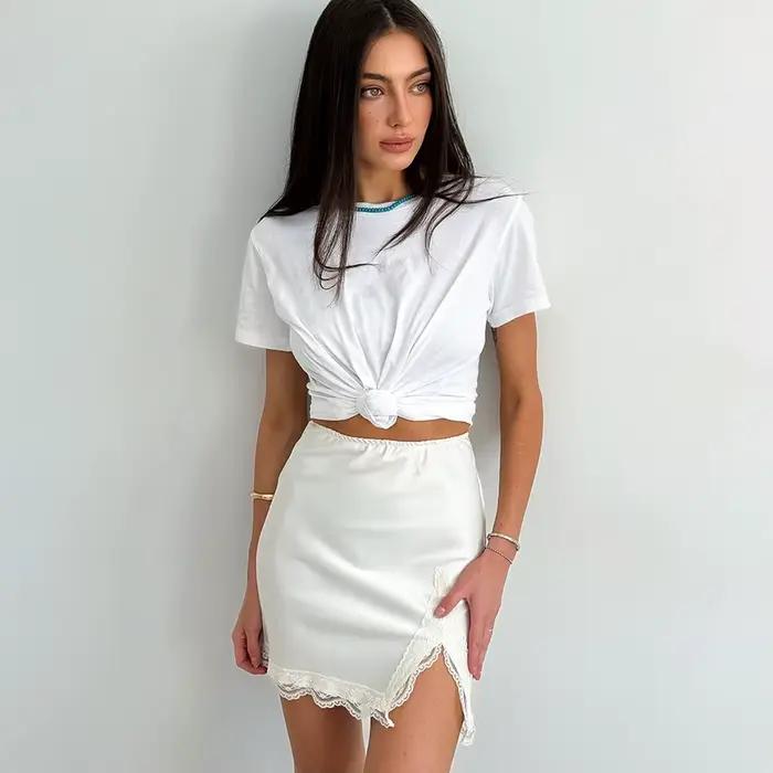 Linad élégant Satin broderie jupes crayon été Sexy taille haute fendu Mini