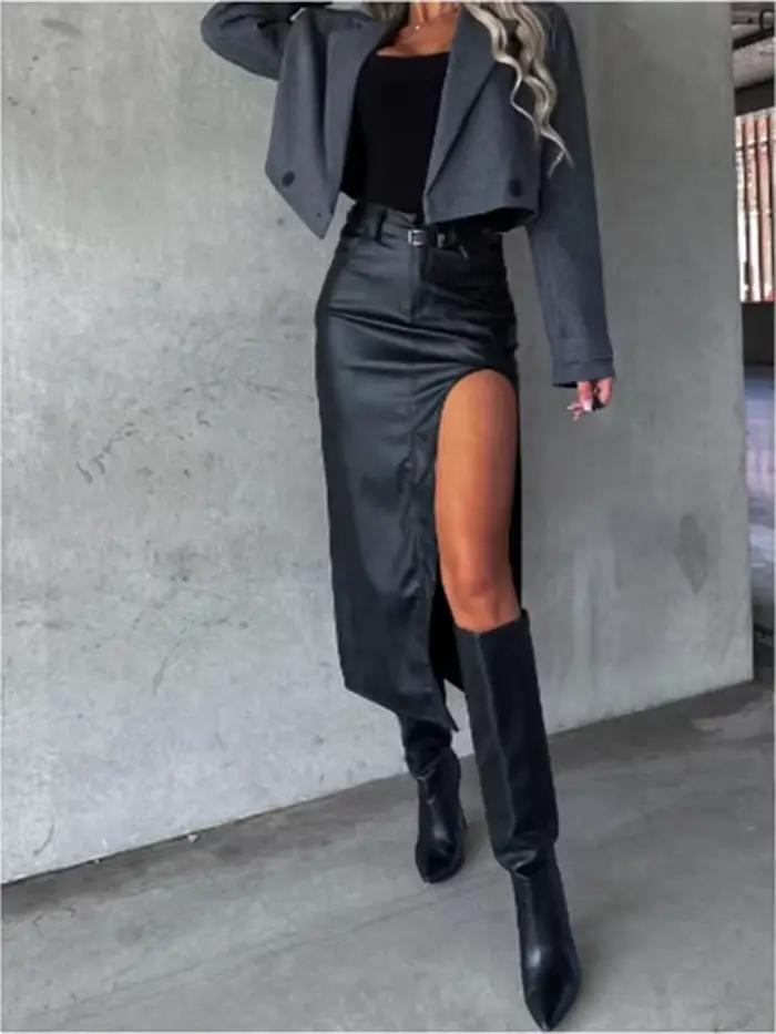 Jupe mi-longue en cuir Pu pour femmes