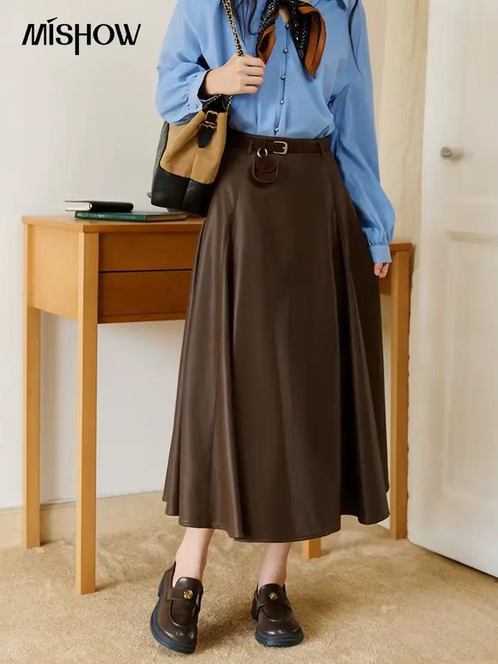 Jupe en cuir PU élégante pour femmes, style rétro, couleur café, mi-mollet, coupe régulière, automne-hiver, MISHOW