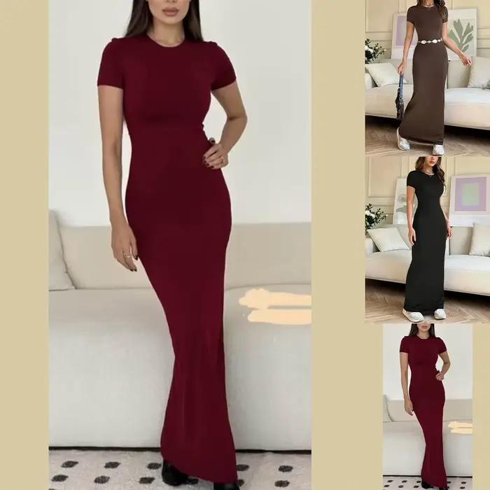 Robe T-shirt longue ajustée élastique pour femmes, décontractée, solide couleur, ajustée mince, col rond, manches courtes, adapté aux vacances et événements festifs