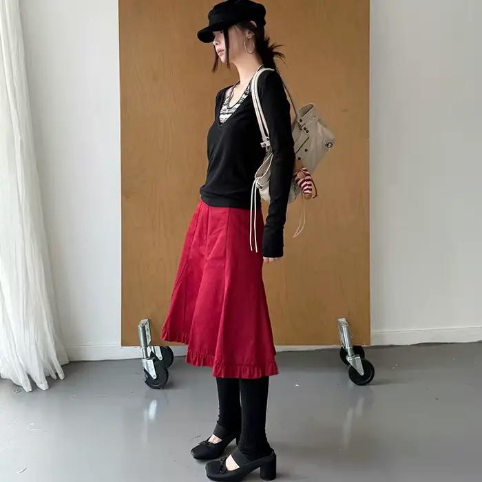 Jupe plissée rétro ample ourlet polyester streetwear femme printemps automne occasions spéciales bywindto
