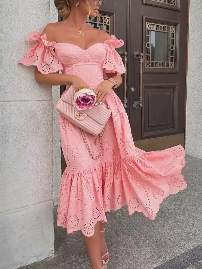 Robe mi-longue pour femmes, épaules dénudées, points solides, épissure Sexy, serrée, taille haute, col en V, ligne A, élégante, Slim Fit