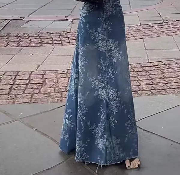 Jupe mi-longue en Denim à fleurs pour femmes
