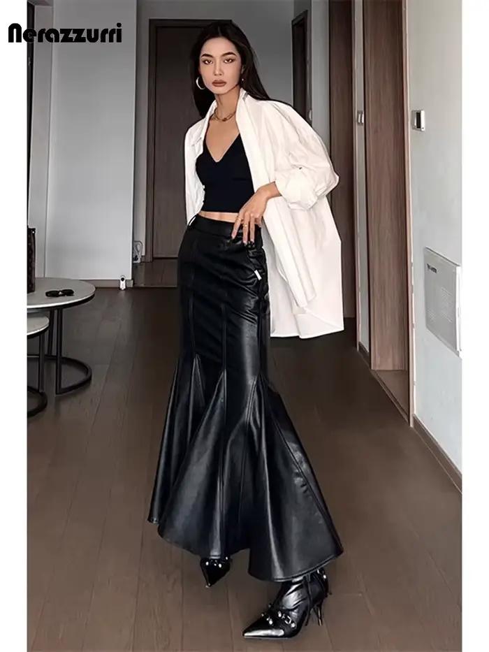 Lautaro printemps Chic élégant noir doux Pu cuir Midi sirène trompette jupe femmes taille haute Extra longue luxe élégant vêtements