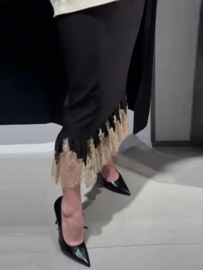 Jupe mi-longue noire pour femmes, ourlet en dentelle, ligne a, taille haute, Slim, printemps-automne, dîner, fêtes, correspondance quotidienne, 2026