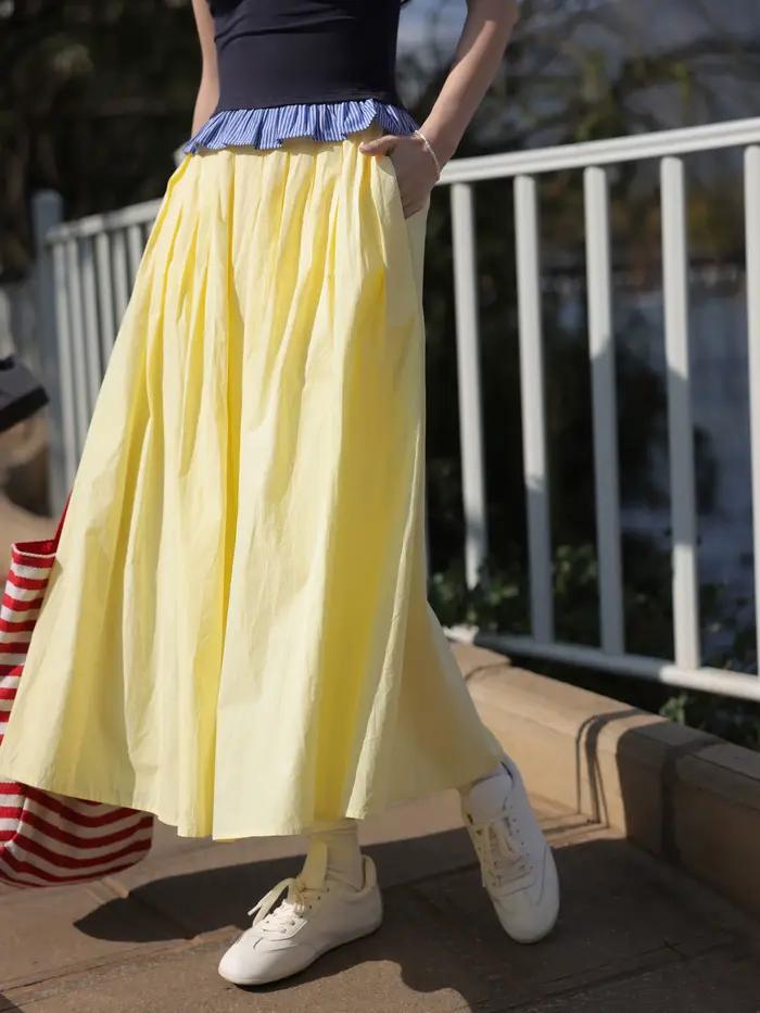 Femmes taille haute élastique a-ligne jupe Midi été fluide