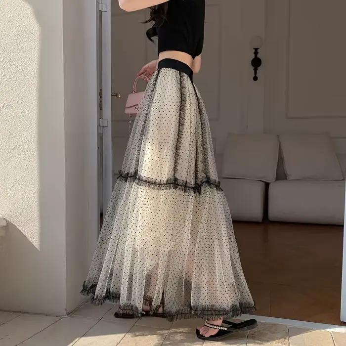 Jupe mi-longue à pois à volants française élégante en polyester pour femmes junior style doux pour toutes les saisons occasions spéciales